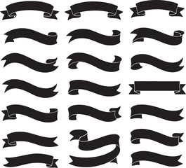 Collection of Black Silhouette Ribbon Banners for Graphic Design and Decoration