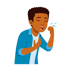 African American boy coughing into his fist with upset facial expression