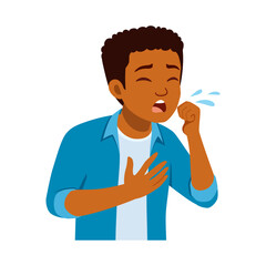 African American Boy Coughing with Hand on Chest Feeling Sick in Blue Shirt on White Background