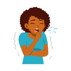 African American Woman Coughing with Hand to Mouth and Eyes Closed in Illustration
