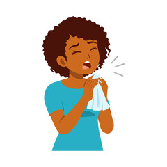 African American Woman Sneezing into Tissue with Closed Eyes and Sick Expression Illustration
