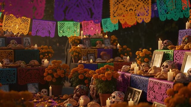 Traditional Dia de los Muertos ofrenda with colorful decorations. Mexican Day of the Dead altar with marigolds, sugar skulls, and candles.