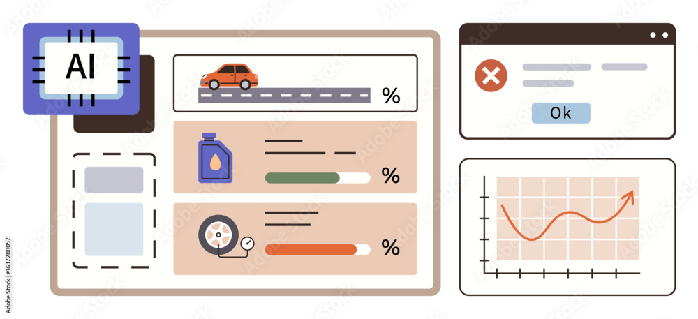 Poster digital dashboard displaying a car, fluid levels, tire monitoring, error alert, and performance grap