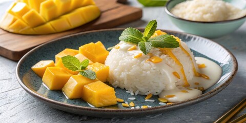 Delicious mango sticky rice dessert with fresh mint garnish