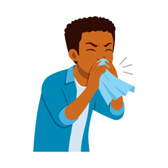 African American Boy Sneeze on Tissue Feeling Unwell Isolated on White Background