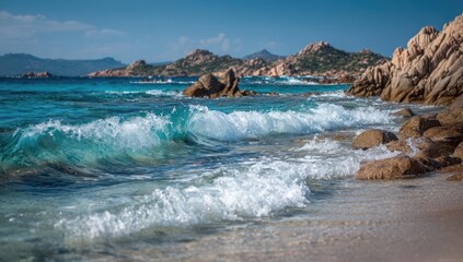 Azure waves crash on a rocky beach, sunlit coastline
