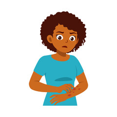 African woman scratching her arm with rash and looking anxious in cartoon style illustration