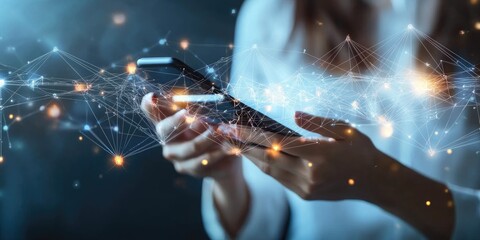 Abstract internet marketing visualization, businessperson using mobile phone with digital web Stock photo