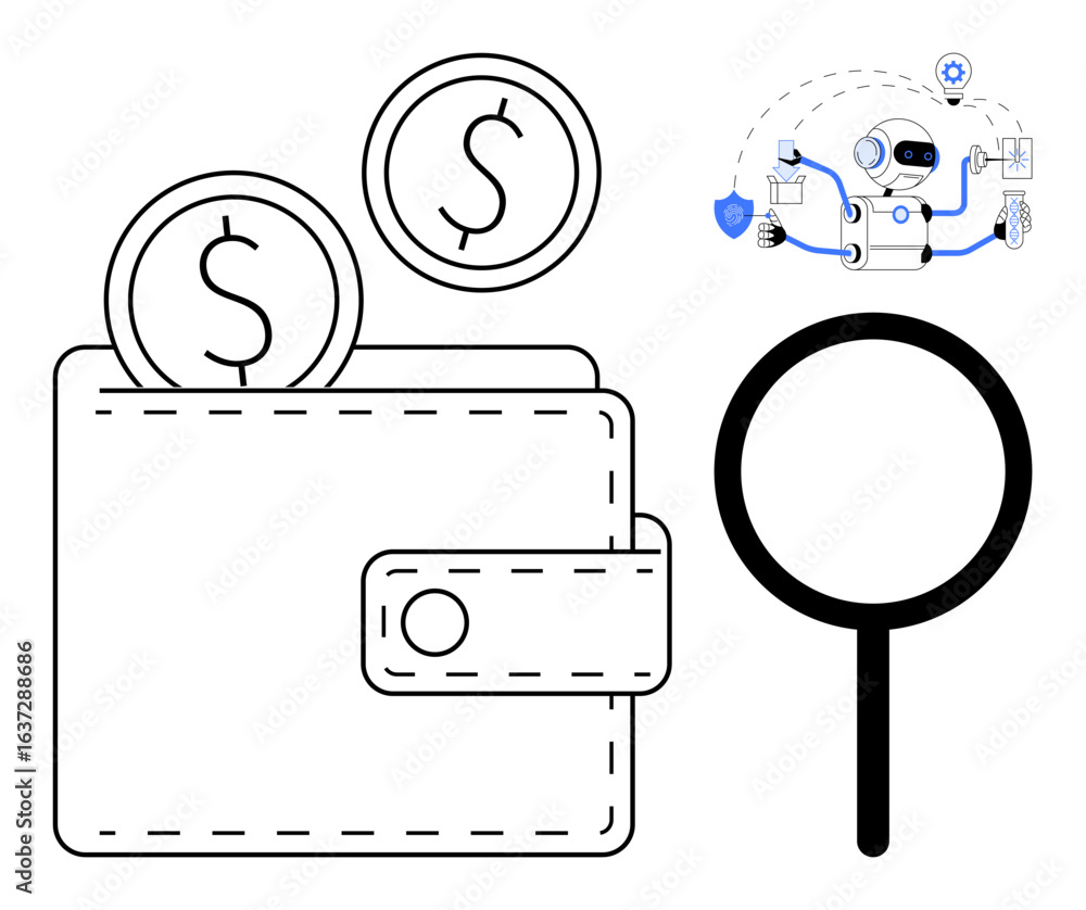 Poster wallet with coins symbolizing finances, magnifying glass for analysis, and ai robot representing aut