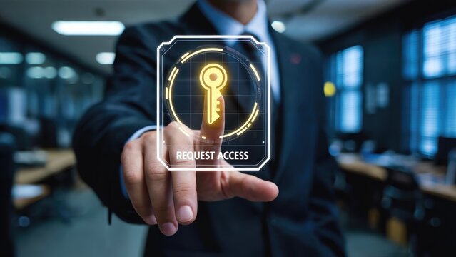 Request access now with secure key authentication from cybersecurity professional in modern office setting