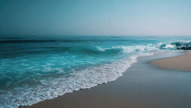 Tranquil turquoise waves lapping a sandy beach, soft light - Powered by Adobe