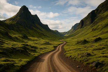 Naklejka premium Winding Dirt Road Through Lush Green Valley Mountains