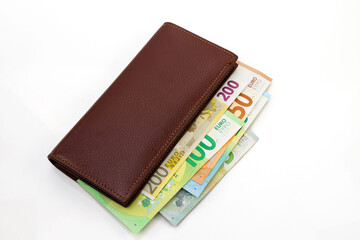 Brown Leather Wallet Filled with Euro Banknotes Isolated on white Background with Copy Space.