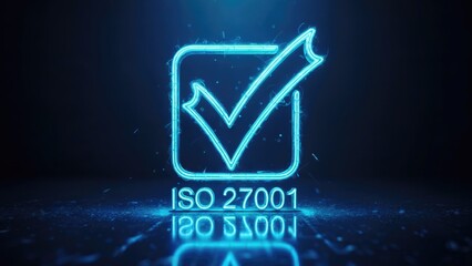 ISO 27001 certified glowing neon sign for data security and compliance assurance in modern business