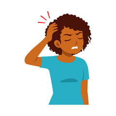 African woman with headache holding head with painful expression in illustration style