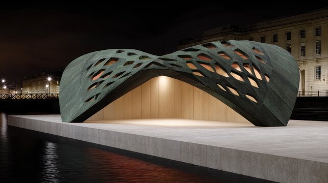 Modern geometric pavilion with perforated shell structure beside water at night
