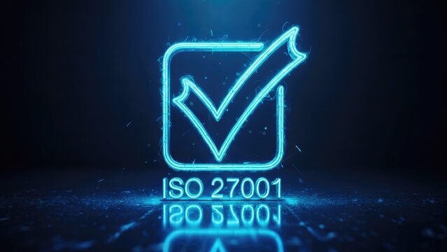 ISO 27001 certified glowing neon sign for data security and compliance assurance in modern business - Powered by Adobe