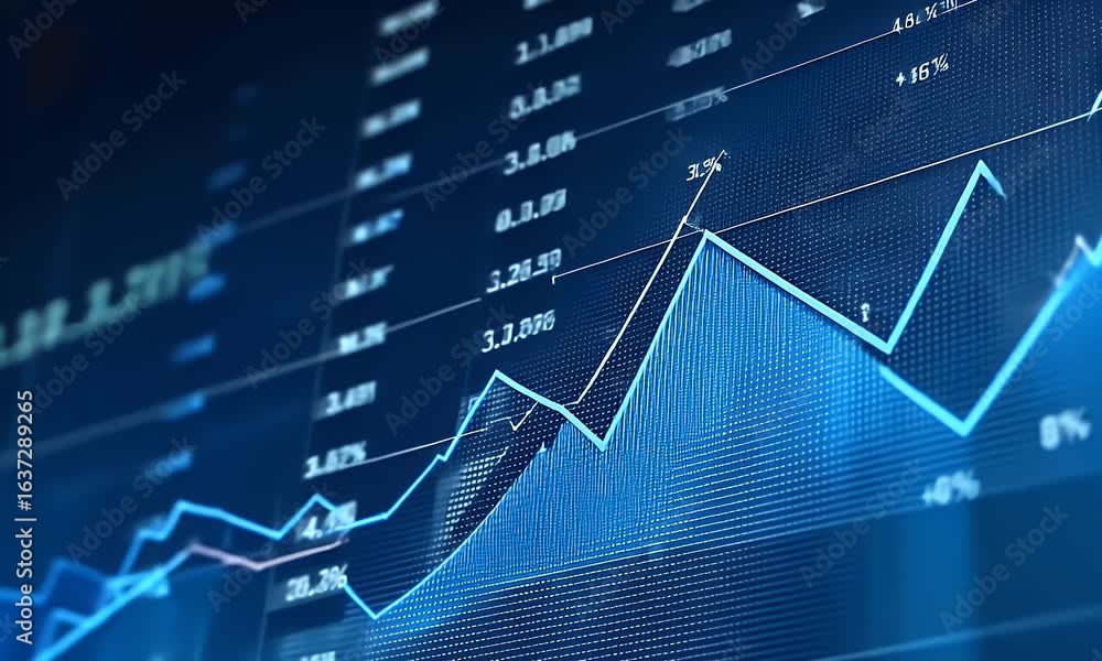 Poster a blue background with a line graph and data points, representing stock market trends or financial a