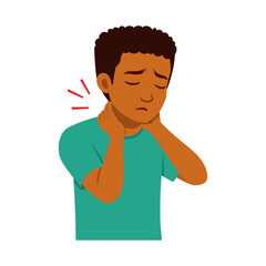 Black boy experiencing neck pain with hands on neck in cartoon illustration style, sad expression