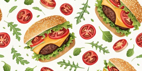 Delicious burger and fresh tomato pattern on white background