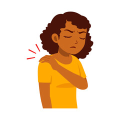 Sad African American woman experiencing shoulder pain with hand touching in cartoon style