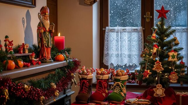 Traditional Saint Nicholas Day celebration with a figurine, Christmas tree, and boots filled with sweets. Cozy festive holiday scene by a snowy window.