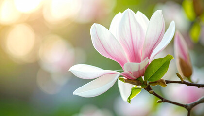 Fototapeta premium Magnolia flower in bloom with soft pink and white petals against a blurred background