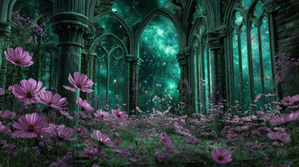 Fototapeta premium Vivid wildflowers bloom in mystical, abandoned structure under starry sky