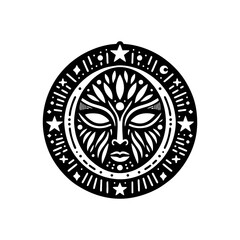 Tribal masks representing night, crescent moon and stars are integrated