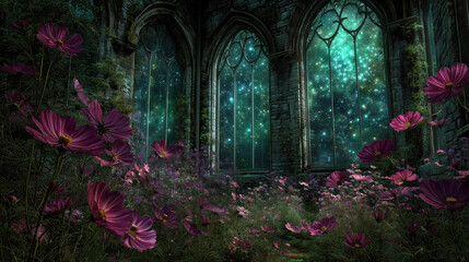 Fototapeta premium Vivid wildflowers in magenta bloom inside mystical stone structure with glowing windows