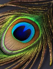 Naklejka premium 黒い背景に、孔雀の羽を一本だけマクロ撮影したクローズアップ