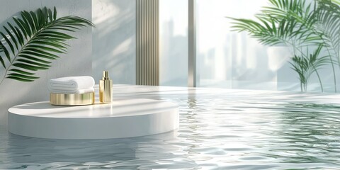 Obraz na płótnie Canvas Collistar displayed on a white podium with rippled water background, spa luxury tone Stock photo