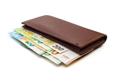 Euro Banknotes in Brown Leather Wallet on white Background. Money, Savings, and Finance Concept.