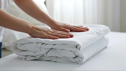 Woman hands folding white clothes laundry basket home organization. Domestic housework clothing care concept. Laundry services cleaning organization home care banner