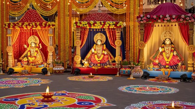 Vibrant display of Goddess Lakshmi statues for Diwali celebration. Traditional Hindu decorations with colorful rangoli and lit oil lamps.