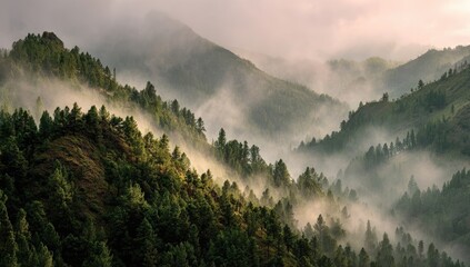 Misty mountain range with lush forests