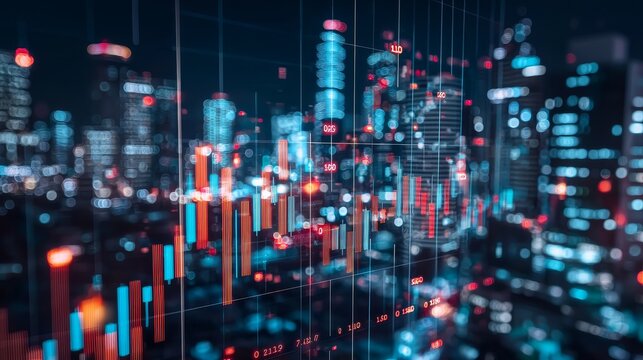 Growing candlestick charts with business statistics on night city background. Trade and investment concept. Multiexposure