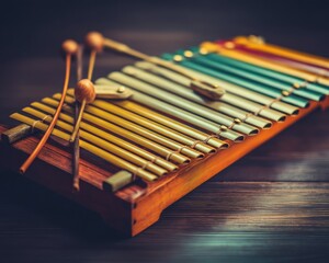 Naklejka premium Colorful xylophone on a dark wooden surface.
