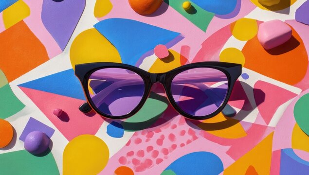 Black sunglasses on a vibrant, colorful geometric background