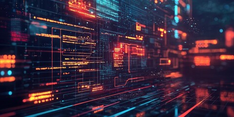 Dark theme interface with floating holographic UI elements and code Stock photo