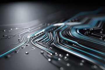 Intricate circuit board design with highlighted pathways.