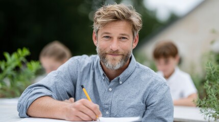 A smiling man with a beard and blue eyes writing on paper with a pencil while two children are blurred in the background