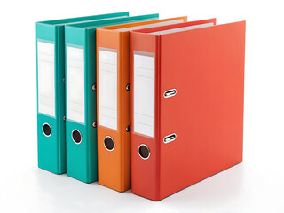 A close up view of four colorful ring binders standing in a row on a white surface in a well lit room