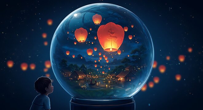 Child Gazing at a Dreamlike Lantern Festival in a Glass Sphere - Powered by Adobe