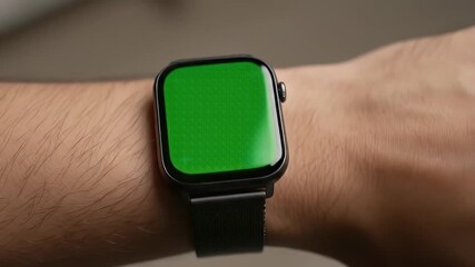 Close-up of a smartwatch with a blank green screen on a person's wrist. Wearable technology mockup concept for custom design. - Powered by Adobe