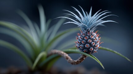 Miniature ornamental pineapple with spiky blue grey leaves and orange accents sits on a leafy stem