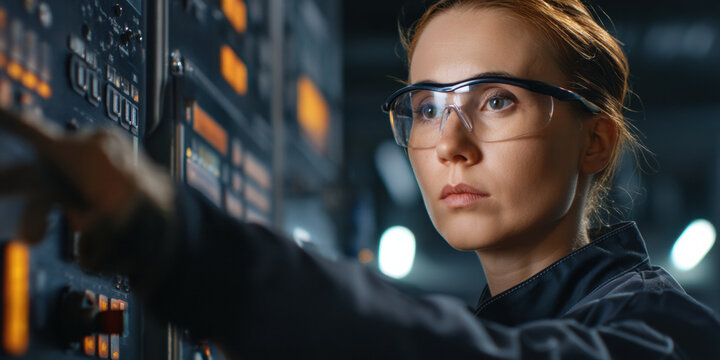  focused woman in glasses operates machinery in a high-tech environment, showcasing innovation and expertise in her field.
