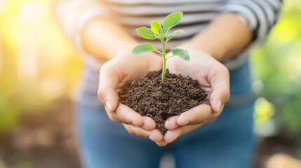 Close-up of a woman's hands holding soil with a young plant or seedling in a garden, a sustainable environment and ecology concept with a natural background.