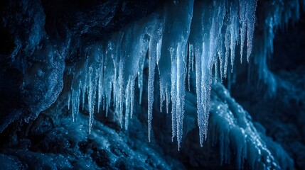 Winter night frozen cliff with hanging icicles