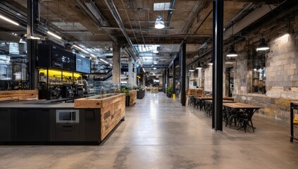 Industrial-style interior with exposed concrete, wooden counters, and dining area
